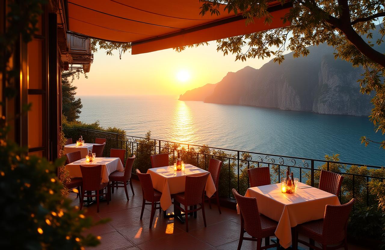 Vista del ristorante Squalo Pizza con il mare di Sorrento sullo sfondo