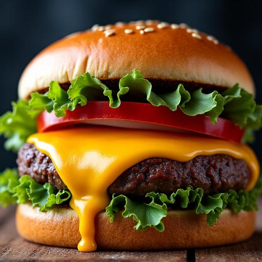 Primo piano di un burger gourmet con formaggio fuso